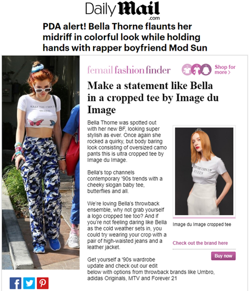 BELLA THORNE WEARING IMAGE DU IMAGE CUSTOM PRINTED CROPPED TOP ( KEEP THE CHIN UP QUEEN )